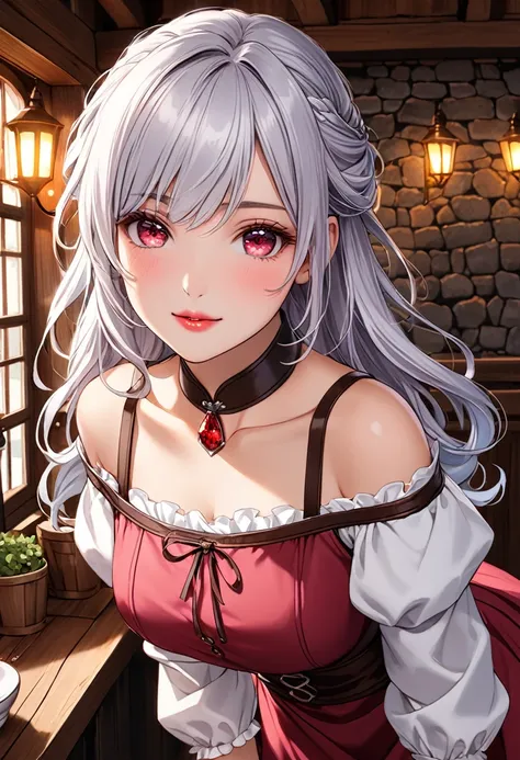 1girl, solo, mature woman, [white shirt top: red dress under], (simple pattern clothing), long curvy messy hair, silver hair, glowing ruby colored eyes, ((beautiful face)), detailed face, detailed eyes, (collar bone), (off shoulder), (bare neck), brown lea...