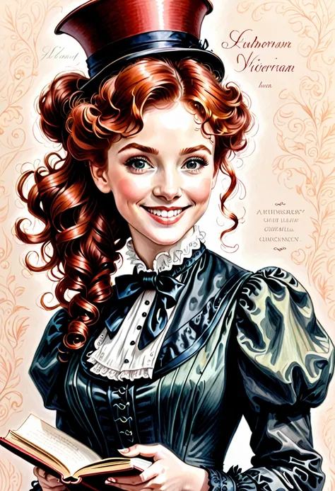 A colored pencil drawing of a pretty smiling happy victorian governess, curly auburn red hair. Kind and inteligent, joyful energy. hair in bun, hat. book of poetry in hand.
