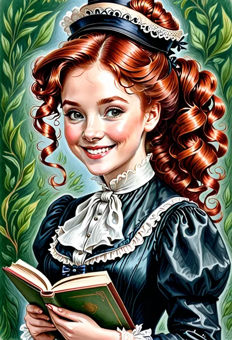 A colored pencil drawing of a pretty smiling happy victorian governess, curly auburn red hair. Kind and inteligent, joyful energy. hair in bun, hat. book of poetry in hand.
