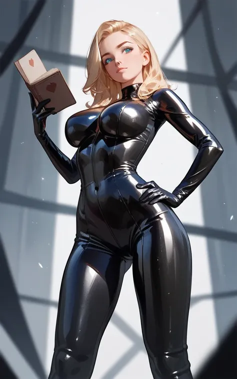 girl, body fit latex suit, blonde, blue eyes, Hyper Realistic, masterpiece