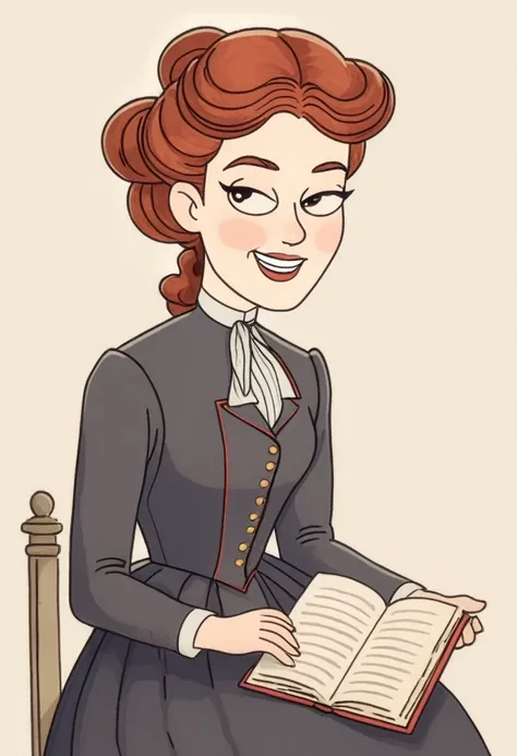 a colored pencil drawing of a pretty smiling happy victorian governess, curly auburn red hair. kind and inteligent, joyful energ...