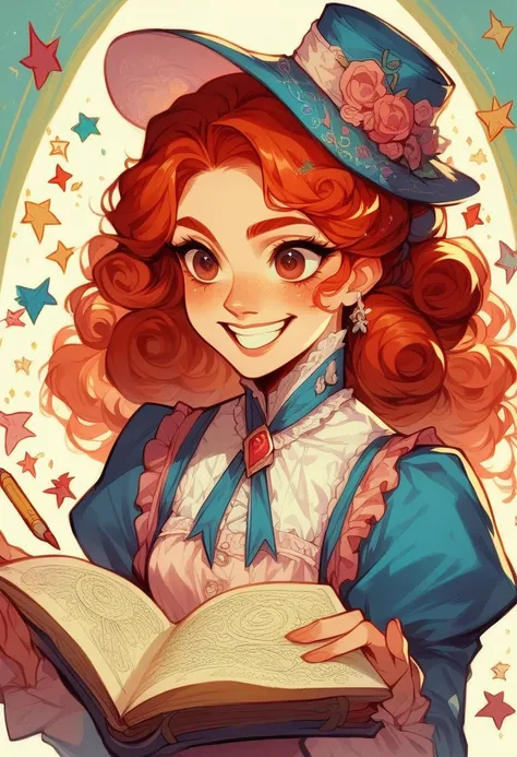 a colored pencil drawing of a pretty smiling happy victorian governess, curly auburn red hair. kind and inteligent, joyful energ...