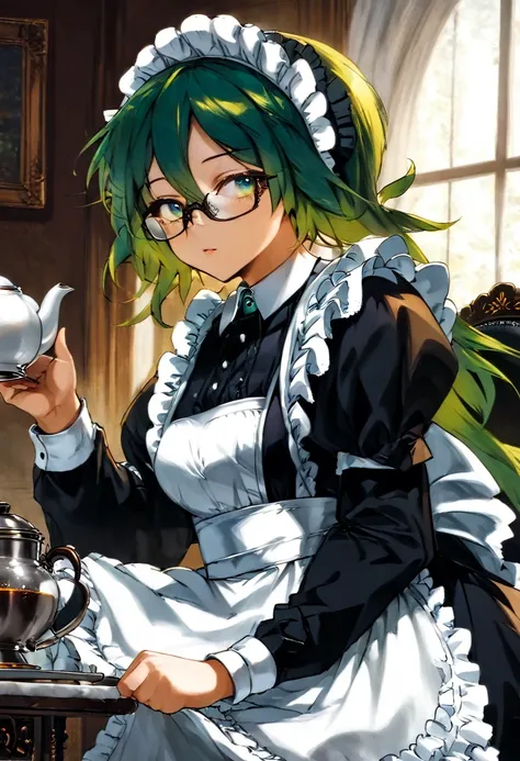 girl, long green hair, wearing glasses, emerald eyes, victorian maid, tea-pot, strictful.