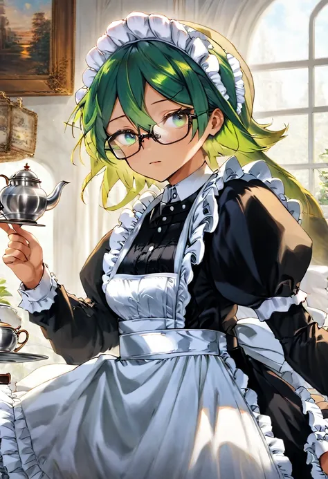 girl, long green hair, wearing glasses, emerald eyes, victorian maid, tea-pot, strictful.