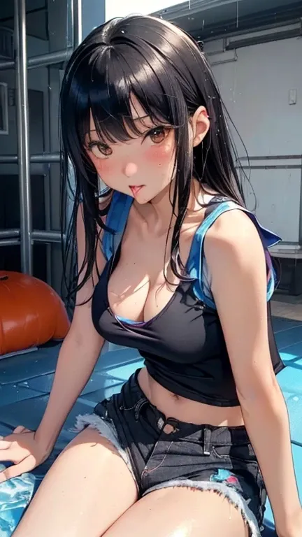 1 female,Black Hair,((12 years old)),(((Blue shiny shorts)))((Sexy black micro bikini))(((blush、Open your mouth、Blowjob)),(((Yuki Mikan))),(((Tank top)))(Girl&#39;s body type)(((Small breasts)))Sexy pose