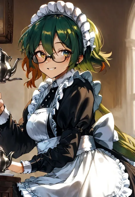 Girl, Long green Hair, wearing glasses, Emerald eyes, Victorian maid, Tea-pot, Smile, Freckles.