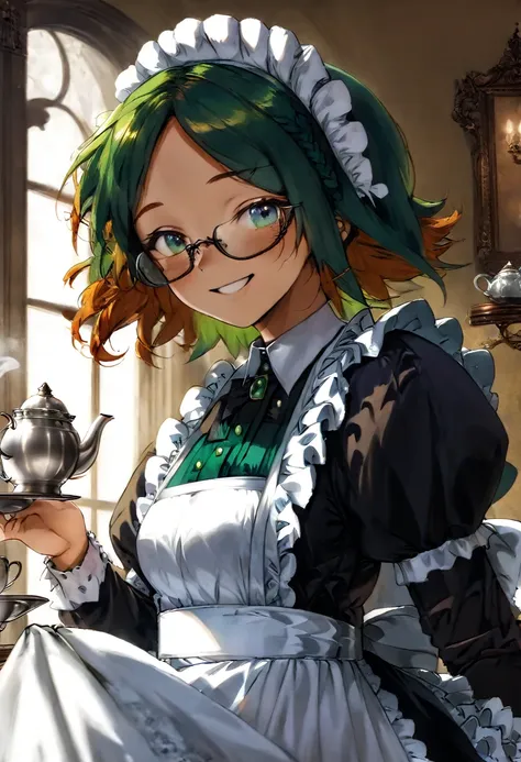 girl, long green hair, wearing glasses, emerald eyes, victorian maid, tea-pot, smile, freckles.