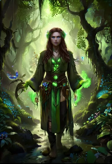 a picture of a druid in her jungle cove, an exotic, most beautiful human druid, priest of nature, warden of the wild of the jung...