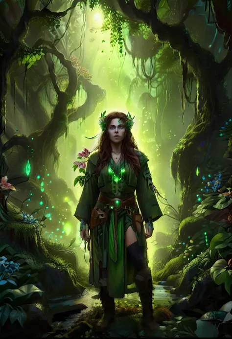 a picture of a druid in her jungle cove, an exotic, most beautiful human druid, priest of nature, warden of the wild of the jung...