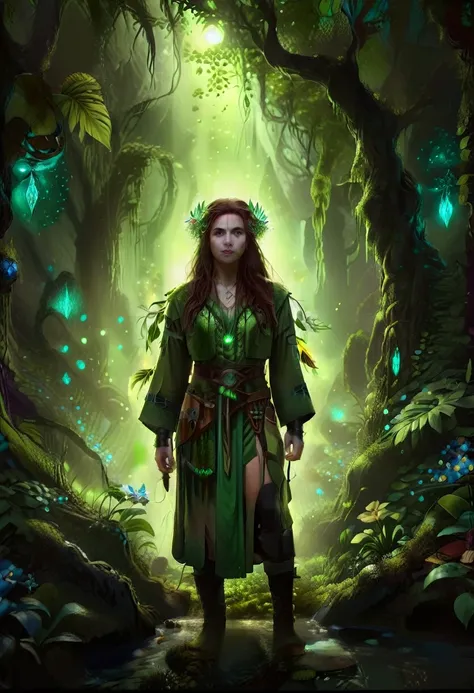 a picture of a druid in her jungle cove, an exotic, most beautiful human druid, priest of nature, warden of the wild of the jung...