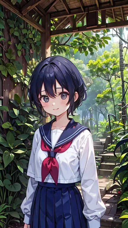 A Girl,(jungle:1.5),(Adventurer girl exploring the jungle),Deep in the Jungle,smiling,school Sailor uniform