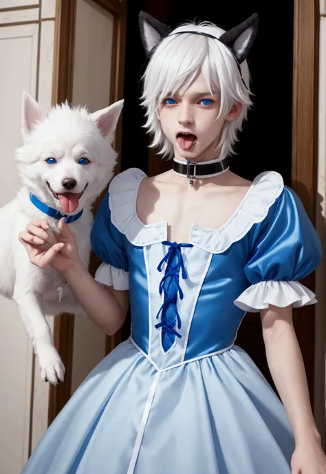 young teenage man, white hair, blue eyes, crossdressing, wearing a dog collar, dog ears, stick out tongue, embarrassed, prince d...