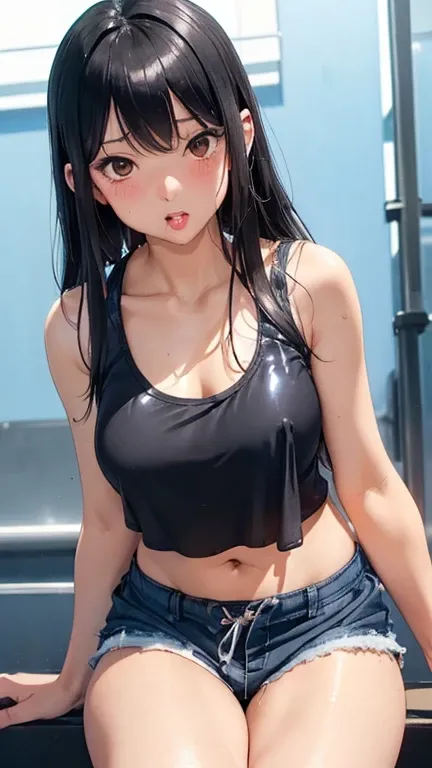 1 female,Black Hair,((12 years old)),(((Blue shiny shorts)))((Sexy black micro bikini))(((blush、Open your mouth、Blowjob)),(((Yuki Mikan))),(((Tank top)))(Girl&#39;s body type)(((Small breasts)))Sexy pose