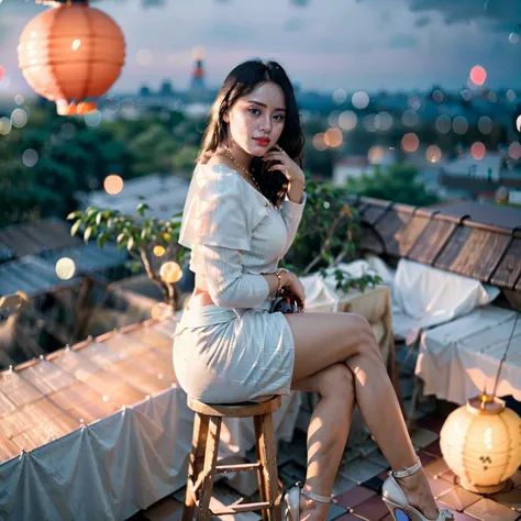 Burmese beautiful woman, 1 girl, solo, pretty lady MoonLay, innocent cute smile, red lips, (stylishly sitting on a stool and seductively gazing to the sky pose:1.5), smooth face skin, traditional beauty, cinematic portrait glow lighting, traditional dress,...