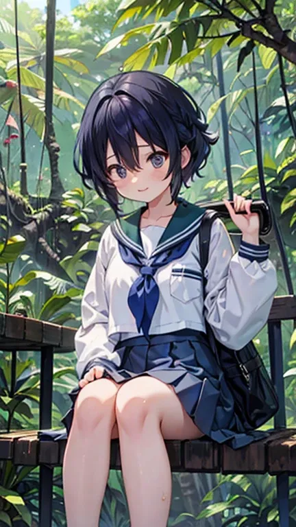 A Girl,(jungle:1.5),(Adventurer girl exploring the jungle),Deep in the Jungle,smiling,school Sailor uniform