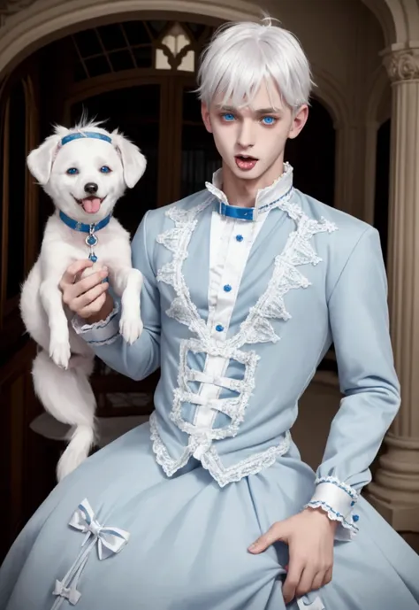 young teenage man, white hair, blue eyes, crossdressing, wearing a dog collar, dog ears, stick out tongue, embarrassed, prince d...