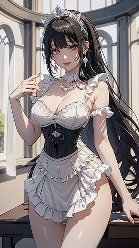 (((masterpiece, super high resolution, ultra HD, 8K quality))), (((((woman in shining white colored corset dress))))), (((See-through revealing dress))), (((((shining Black pony tail Hair))))) , (((beautiful sparkling yellow eyes, pupils with highlights)))...