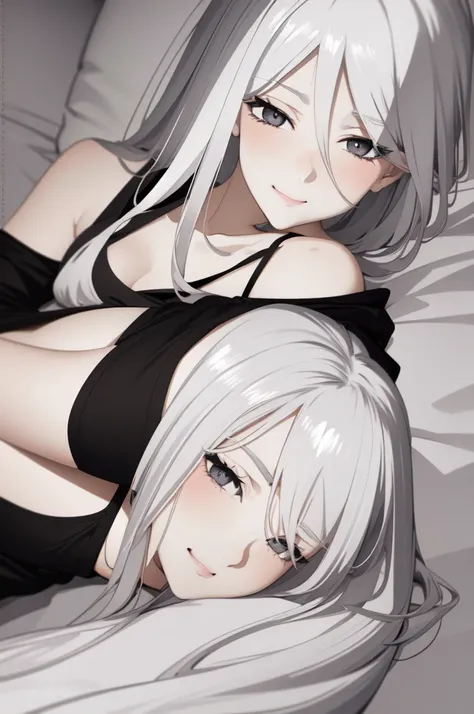 Dream girl white hair black dress gray eyes,lying on the bed looking at me,bust,from_side,stare,eye-contact,looking_at_viewer,wife,seductive_smile,blush,on_side,bishoujo,sleepwear,absurdres,teen,mature,white_skin,sexy,wink