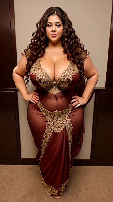 Elegant BBW woman, 8K, professional quality with a tall, curvy figure and deep cleavage chest. Full-length shot in a detailed saree, glowing chest, long curly hair, and intricate facial features. Standing pose, looking at the camera.