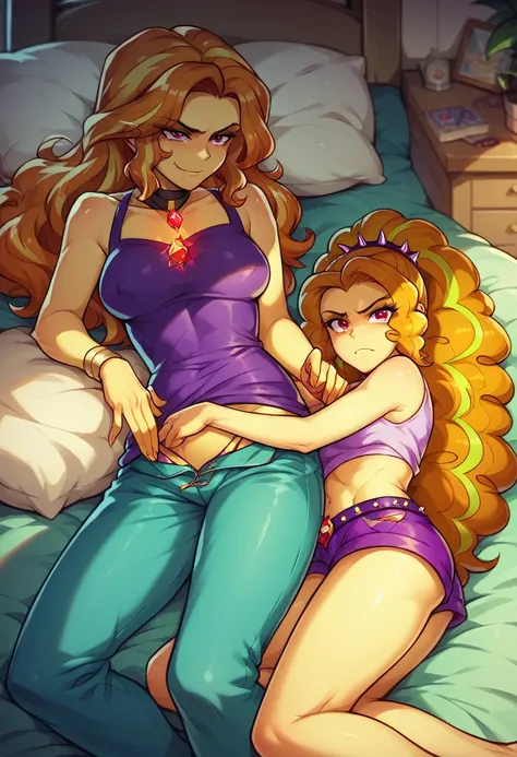 Adagio Dazzle makes Sunset Shimmer put on her clothes, Adagio Dazzle and Sunset Shimmer Equestria girls, in Adagio Dazzles bedroom, Adagio Dazzle and Sunset Shimmer, cuerpo completo, High resolusion 