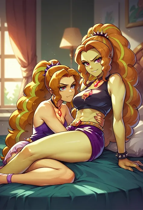 Adagio Dazzle makes Sunset Shimmer put on her clothes, Adagio Dazzle and Sunset Shimmer Equestria girls, in Adagio Dazzles bedroom, Adagio Dazzle and Sunset Shimmer, cuerpo completo, High resolusion 