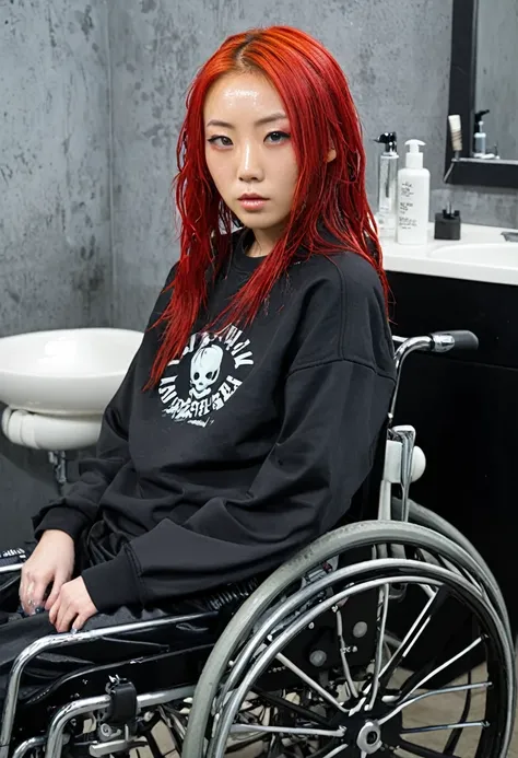 Uhd, photo of Cami, subject: Noriko, 1/2 Japanese 1/2 Hainu skinny girl in 2/00 a large wheelchair with ((wet long red hair and head resting on a Hairdressing Sink)), shampoo foam on hair, blue+++ eyes, oval face, LGBTQIA+, queer, punk style, wearing grey ...