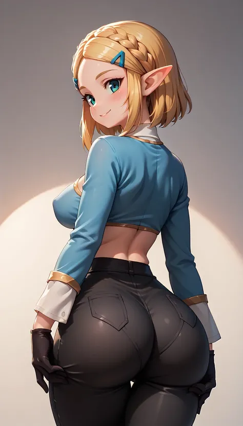 High resolution, Very detailed, perfect lighting, beautiful detailed eyes,   ((masterpiece,Best Quality)), absurdities, alone,     princess zelda, by the width, crown braid, Hair clip, pointy ears, blue shirt, long sleeves, Gloves without fingers, black gl...