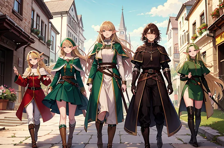 Four elven women, attractive, green, blonde, white and brown hair, warriors, elves, medieval city anime.