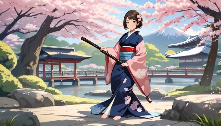 A woman in a kimono playing the shamisen、Background is cherry blossoms and Japanese garden,Japanese anime style