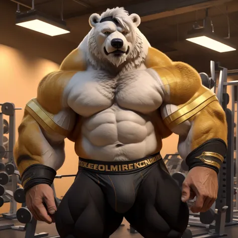 A huge muscular white polar bear, shirtless and topless, with short white hair, a white beard, and a white mustache, wearing a pair of black briefs that has a gold waistband, and two golden sashes that went across his chest, in a gym fitness center backgro...