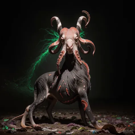 Fine Art, black-white-red-green, high contrast, National Geographic Foto: André Uhlisch - Art, , digital painting of a colorful old octopus with glowing legs, in a glittering dress and delicately arranged furry arms and dusty legs,riding on the head of a d...