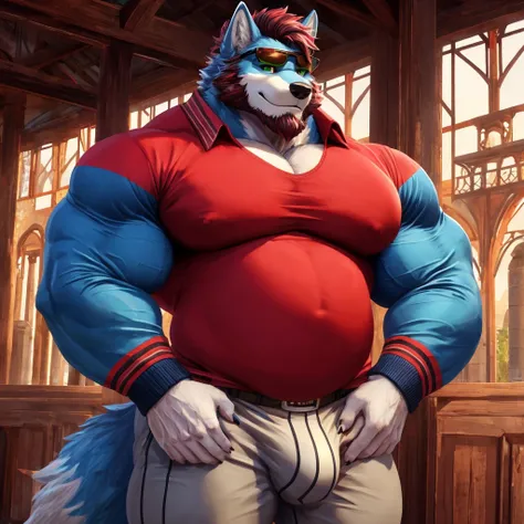 ((best quality)), ((masterpiece)), (Ultra detailed), ((4k)).

Anthro Wolf , Light Blue Fur , Red Color Short Hair , Red Color Beard , Handsone , Good Looking , Green Eyes ,(Eyes Details), Middle Ages , Huge Pecs , muscle Fat Belly , cute pose , sunglasses ...