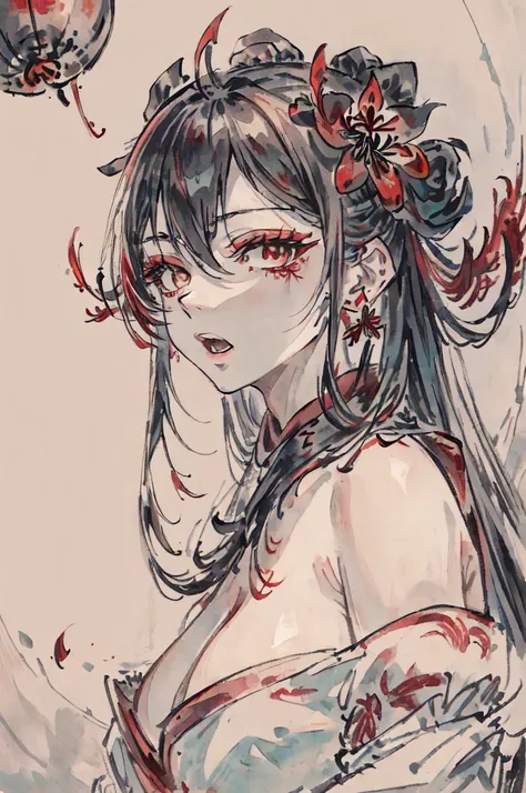 ((highres)), (open mouth),(((bust))),(((masterpiece))),(((best quality))),((ultra-detailed))((extremely detailed CG)),((8k_wallpaper)),dynamic angle,floating, (beautiful detailed eyes),an extremely delicate and beautiful girl,upper body,ink wash painting,(...