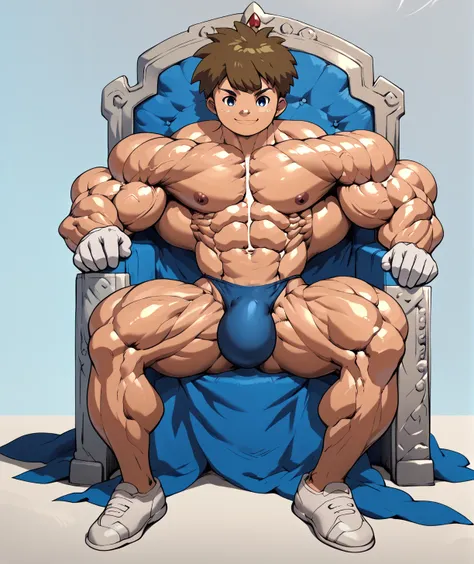  naked , big bulge , huge bulge, blue thong ,alone, smiling , muscular, huge muscle, big muscles, pectoral muscle , 1 chico ,  YOUNG , anime, full body , pokkuti , darren ,sitting on a throne, royal throne, sitting , blue eyes, brown hair