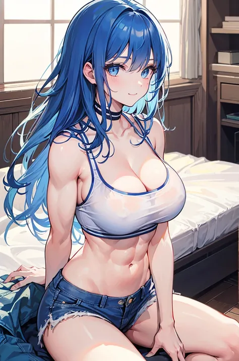 1girl, solo, (blue hair, blue eyes, long hair, bangs:1.0), (large breasts, muscular shoulders, muscular arms, narrow waist, petite:1.2), (white shirt, cleavage, bare shoulders, bare arms, bare legs, denim shorts, midriff peek:1.0), light smile, indoors,