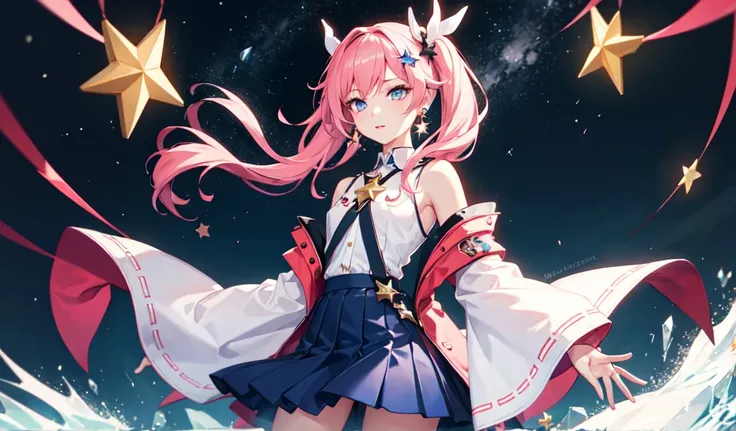 march 7th (Honkai: star rail), One girl, blue eyes, blue skirt, chest, Removable sleeves, Earrings, ice, jewelry, Long sleeve, medium chest, Medium Hair, Pink Hair, shirt, skirt, alone, star (symbol), star Earrings, white shirt,Hands out in front