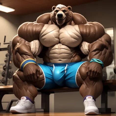 solo, 1boy, perfect anatomy, (bears:1), ground view, wrinkles skin, wrinkled fur, low shoot, down view, perfect proportional, thick body, thick thighs, big eyes, smile, perfect fingers, big hand, fingers. Huge Muscular Old grizzly bear with short hair, gym...