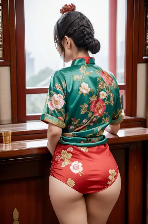 Woman seen from behind A 39-year-old woman wears Manchurian clothing with a flashy red floral pattern at the Chinese court during the Qing Dynasty. Theres also a big butt sticking out below. Seen from behind while peeing, not wearing panties Hair is a hair...