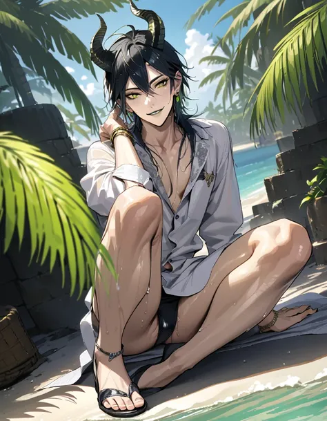 masterpiece, highres, absurdres, illustration, ((masterpiece:1.4, best quality)), (Ultra detailed background), 1boy, handsome man, highly detailed beautiful face and eyes, beautiful eyes, (sharp detail:1.3), shiny, earrings, bracelet, (wet bikini:1.3), Bar...