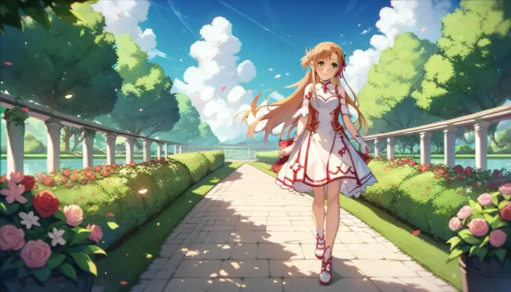 1girl, solo, animegirl, asuna yuuki, yuuki asuna from sword art online, in a pretty garden, ((aesthetic wallpaper)), ((walking in the garden)), ((pretty sky)), ((wearing a cute date outfit))