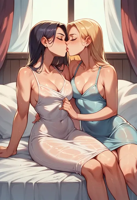 Two girl sexy outfit tight dress lesbians kissing sitting on each other in bed sexy wet dress 