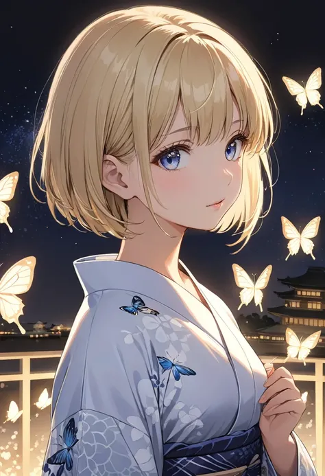 One girl, blonde short hair, wearing a Yukata with a butterfly pattern on a black base,She is watching HANABI,(((masterpiece))), (((best quality))), ((ultra-detailed)), (illustration), (detailed light),((an extremely delicate and beautiful)),(beautiful det...