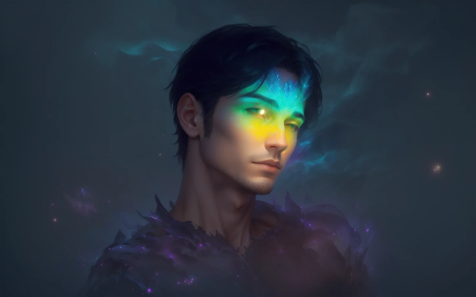 handsome young man, clean-shaven, unmade-up, prominent chest muscles, soft ethereal glow, rainbow light effects on face, dark foggy background, floating particles, cosmic elements, digital painting, highly detailed, smooth blending, realistic yet slightly ...