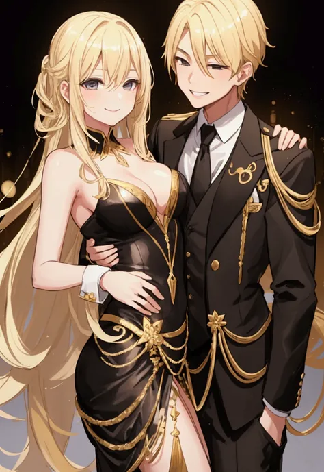 Young, blonde haired girl, medium breasts, black and gold suit and tie, at dance, smiling, smile