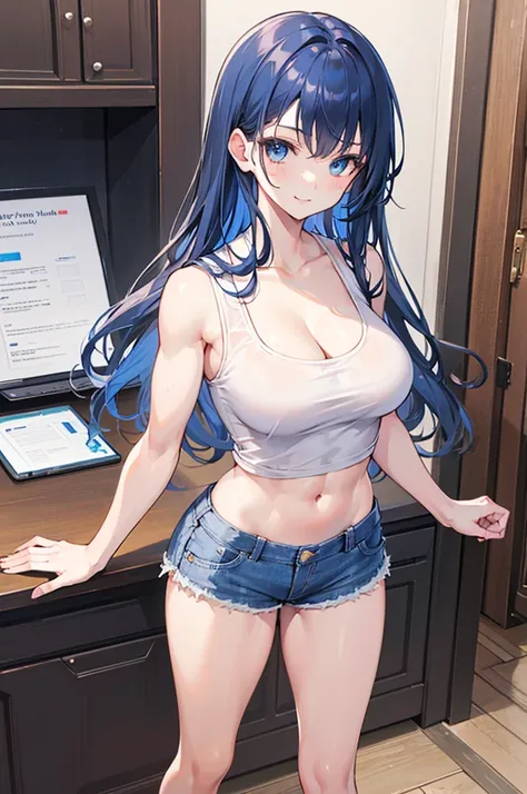 1girl, solo, (blue hair, blue eyes, long hair, bangs:1.0), (large breasts, muscular shoulders, muscular arms, narrow waist, petite:1.1), (white shirt, cleavage, bare shoulders, bare arms, bare legs, denim shorts, midriff peek:1.0), light smile, indoors,