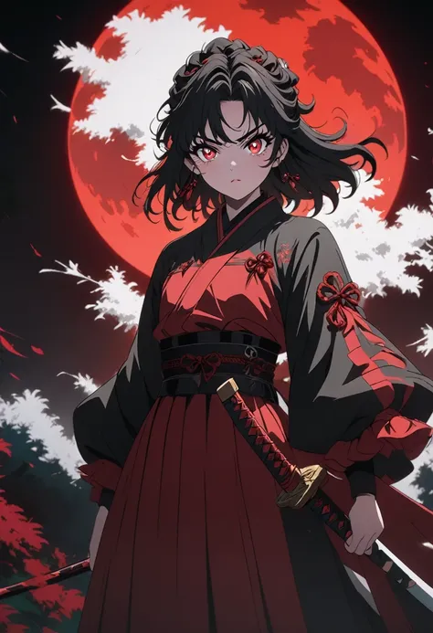 anime girl with black hair and red eyes standing in front of a red moon, demon slayer louis fan art, demon slayer art style, ani...