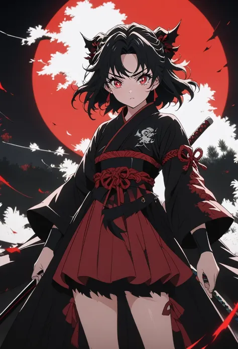 anime girl with black hair and red eyes standing in front of a red moon, demon slayer louis fan art, demon slayer art style, ani...