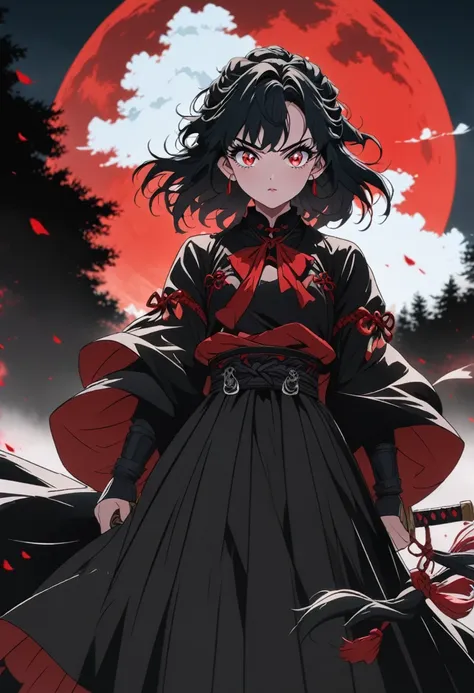 anime girl with black hair and red eyes standing in front of a red moon, demon slayer louis fan art, demon slayer art style, ani...