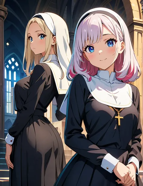 (anime artwork, anime style, studio anime, very detailed, up to date, vibrant, Anime Coloring, high contrast, masterpiece:1.2, best quality, best aesthetics),2 girl,hug from behind,nun, Medium chest,random hair, One eye is hidden by the bangs, perfect prop...