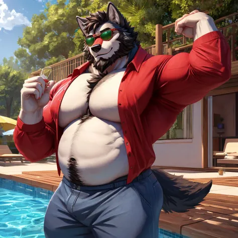 ((best quality)), ((masterpiece)), (Ultra detailed), ((4k)).

Anthro Wolf , Light Blue Fur , Short Hair(Red Color) , Beard(Black Color) , Handsone , Good Looking , Green Eyes ,(Eyes Details), Middle Ages , Huge Pecs , muscle Fat Belly , cute pose , sunglas...